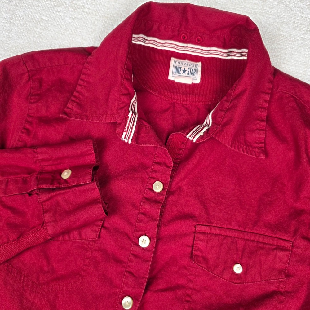 Converse One Star Womens Red Button Down Shirt Long Sleeve Ribbed Panels Large